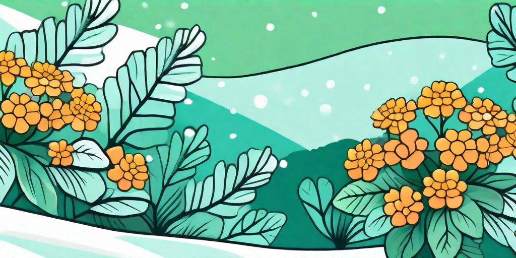 A vibrant lantana plant thriving amidst a snowy winter garden landscape