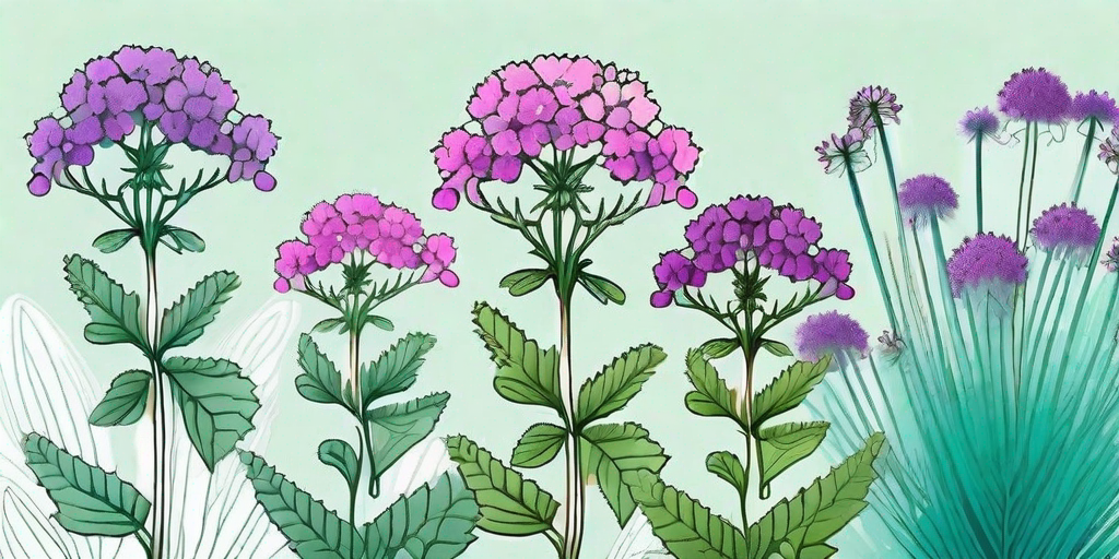 A variety of vibrant verbena flowers in different stages of growth - from seeds to full blooms - against a backdrop of a well-tended garden