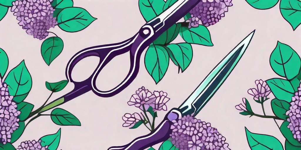 A pair of gardening shears cutting through a lilac bush