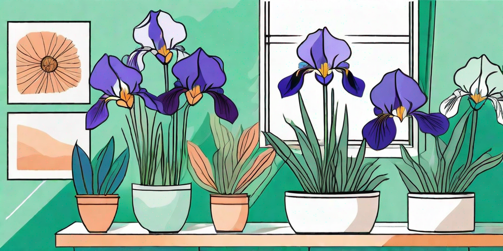 A beautifully decorated home interior with vibrant potted iris flowers placed strategically
