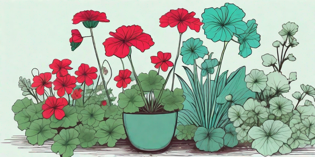A vibrant garden scene featuring blooming geraniums surrounded by their companion plants in various colors and shapes
