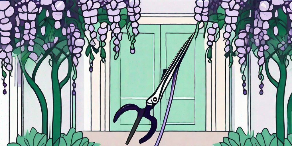A lush wisteria plant being pruned with a pair of garden shears