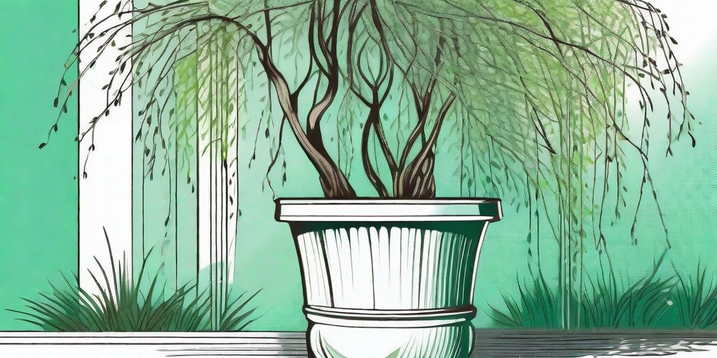 A kilmarnock willow tree thriving in a decorative garden pot