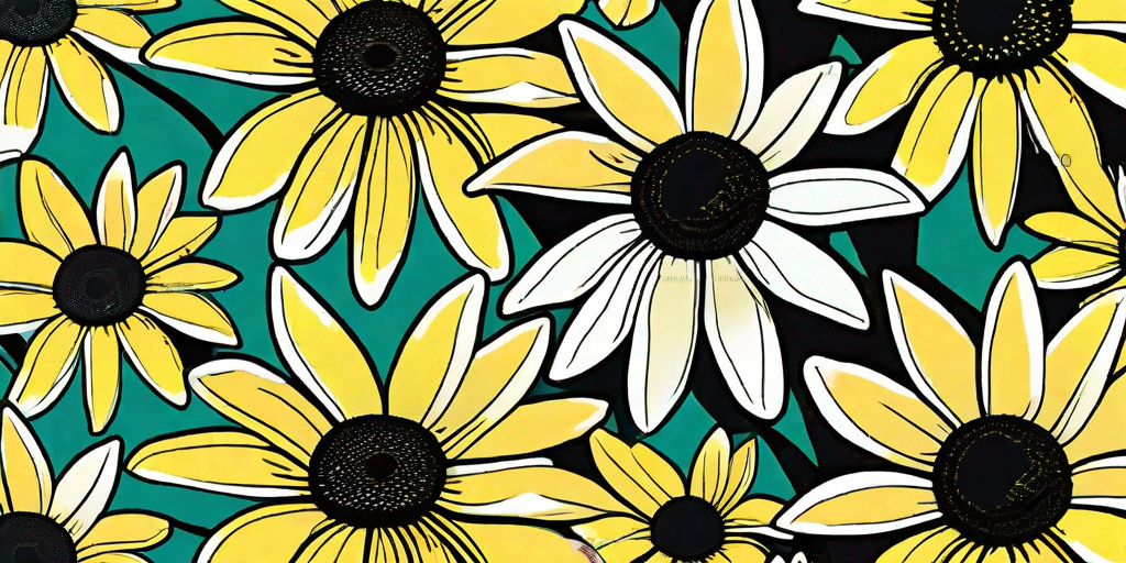 A vibrant garden scene dominated by the bold and striking deadhead black eyed susan flowers