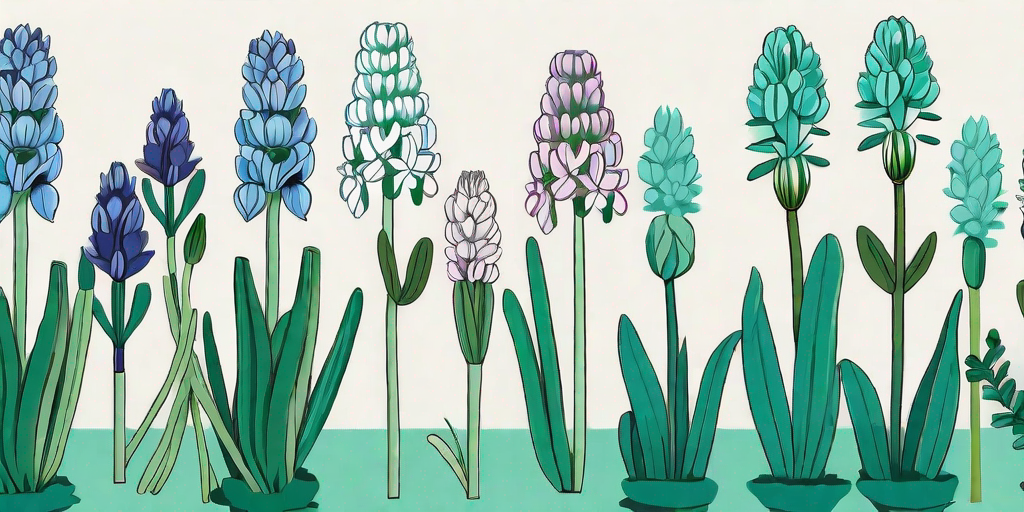 A collection of vibrant hyacinth flowers in various stages of growth