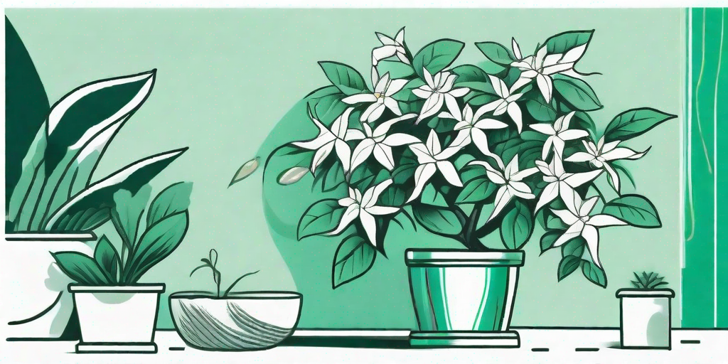 A lush garden scene featuring a blooming star jasmine plant