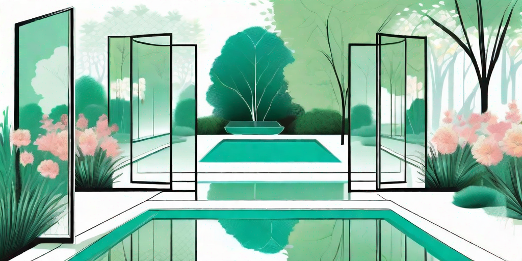 A serene garden scene with various strategically placed mirrors reflecting different elements like flowers
