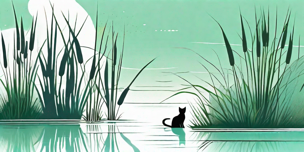 A serene wetland scene with a prominent cluster of cattails
