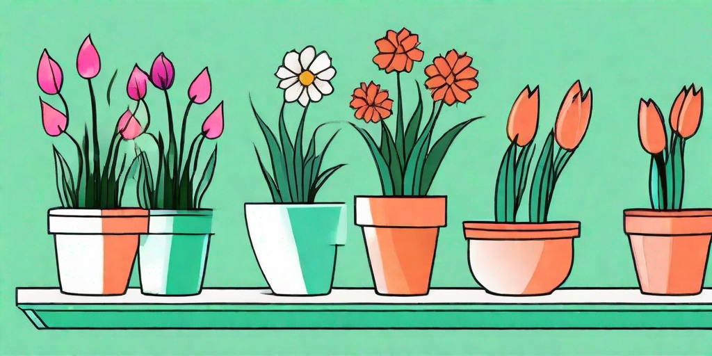 A variety of vibrant blooming bulbs in colorful pots on a bright windowsill
