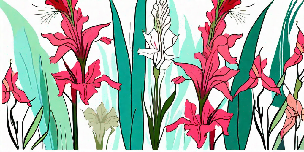 A vibrant garden scene showcasing gladiolus flowers in various colors