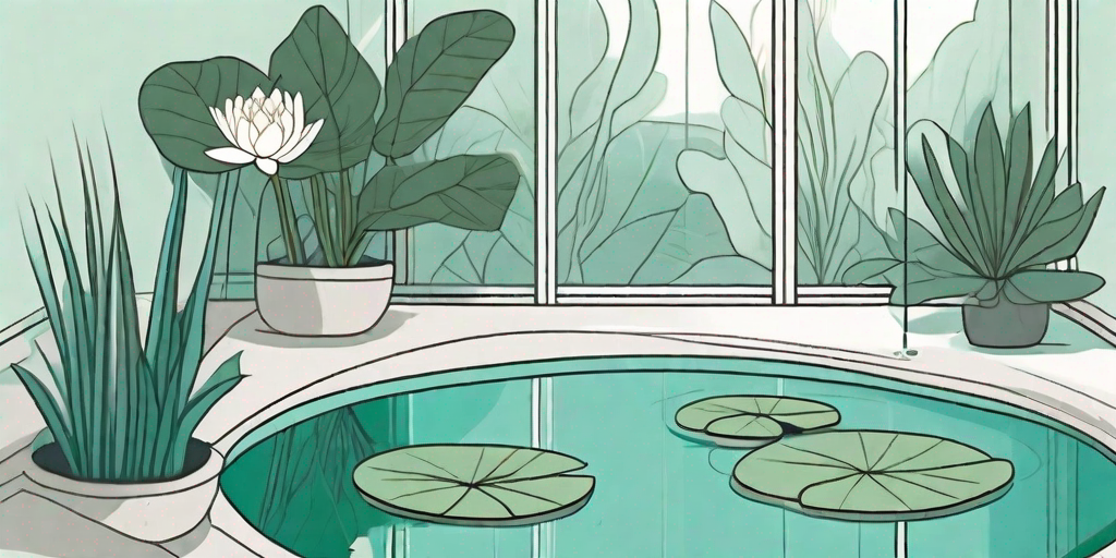A peaceful indoor pond oasis with lush plants