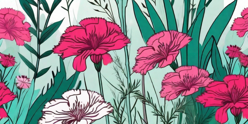 A vibrant garden scene featuring dianthus flowers in various colors