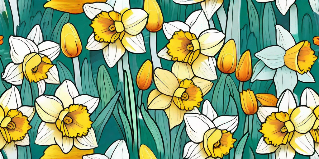 A lush garden filled with vibrantly colored daffodils in full bloom