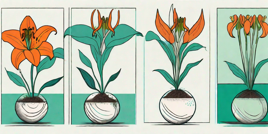 A sequence showing a tiger lily's journey from a bulbous root to a vibrant bloom