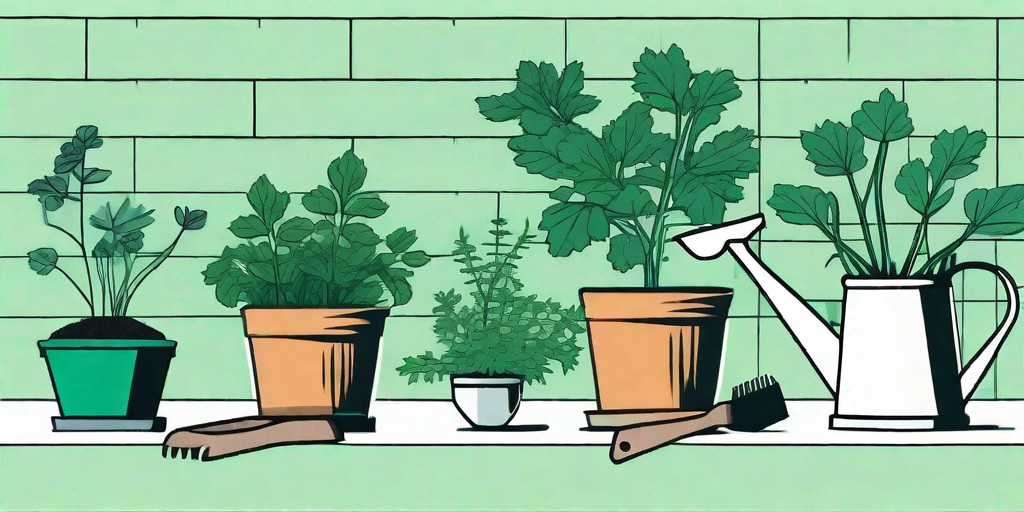 A thriving herb garden with a focus on a healthy cilantro plant