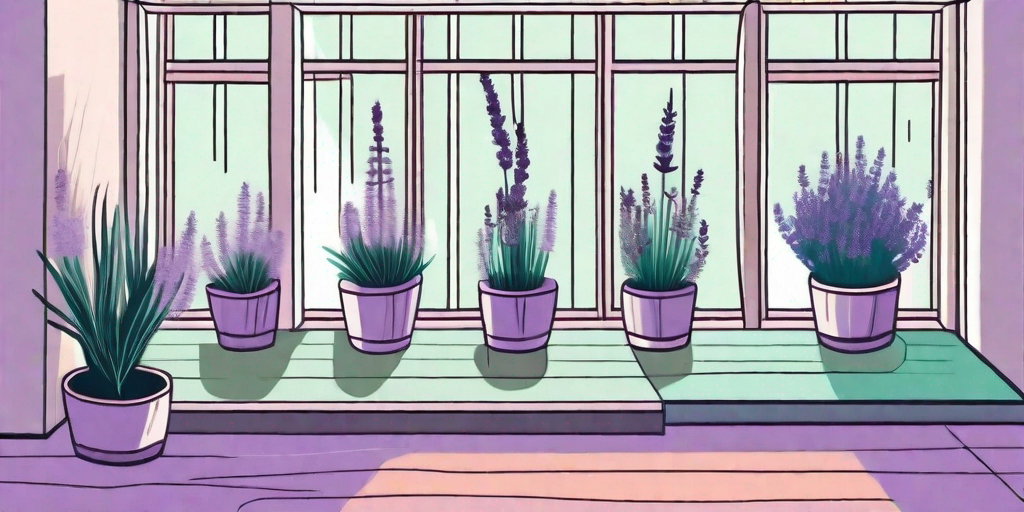 A cozy home interior filled with various sizes of potted lavender plants