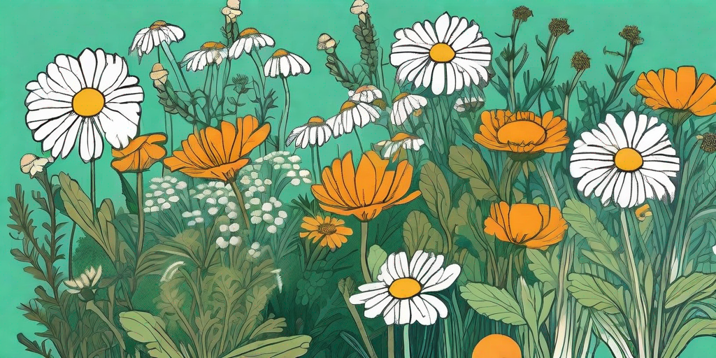 A vibrant garden scene showcasing a chamomile plant surrounded by various companion plants like marigolds