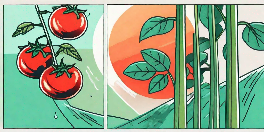 A split scene where one side shows a vibrant tomato plant thriving under the sun and on the other side