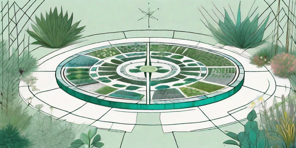 A serene medicine wheel garden with various medicinal plants arranged in a circular pattern