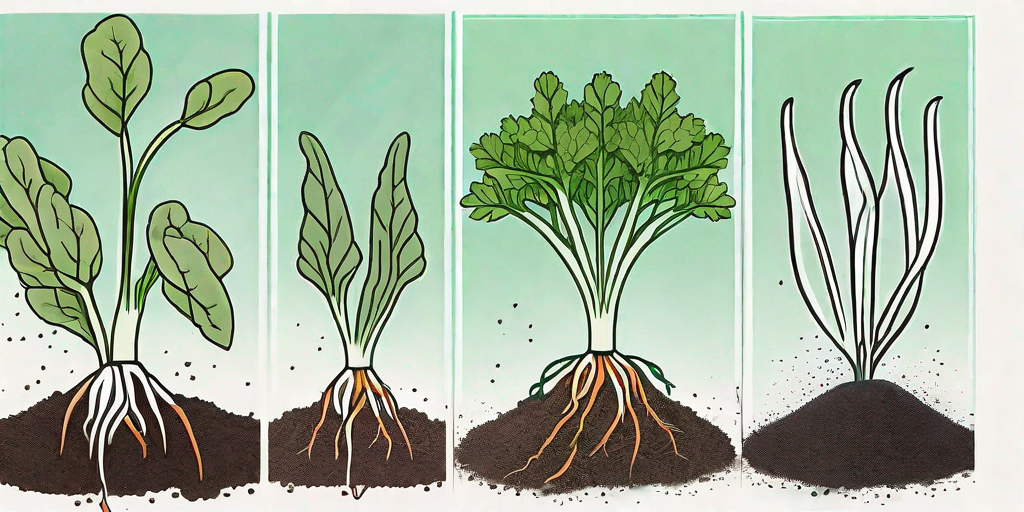 A series of stages showing a carrot seed's journey from being planted in the soil to sprouting
