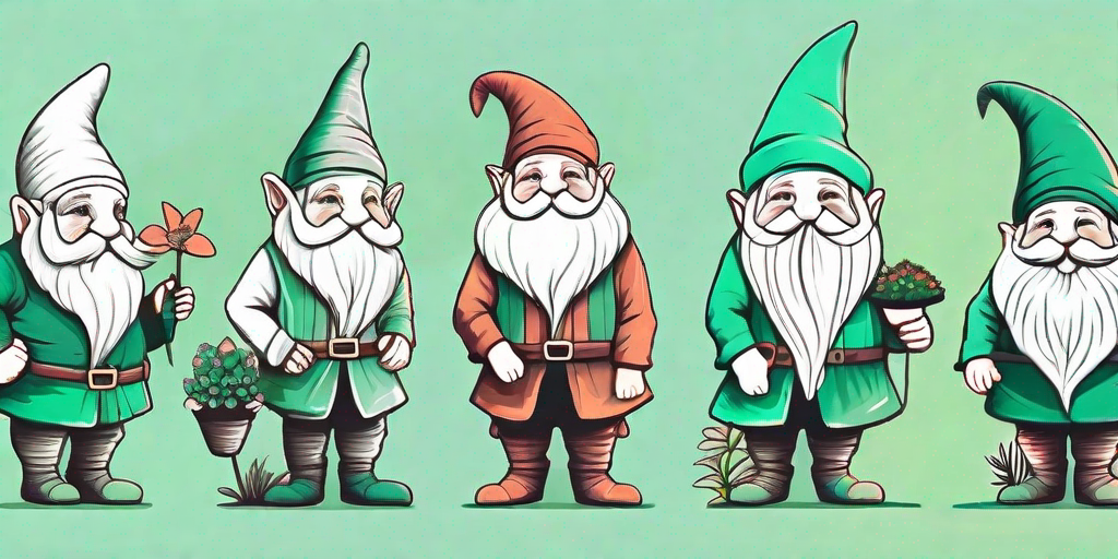 Various garden gnomes in different styles and ages