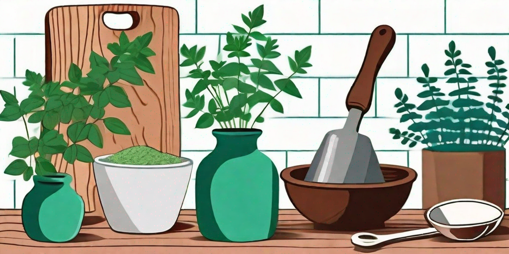 Various types of oregano plants in a rustic kitchen setting with a mortar and pestle