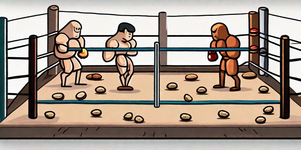 A boxing ring where on one side there are various types of legumes like lentils