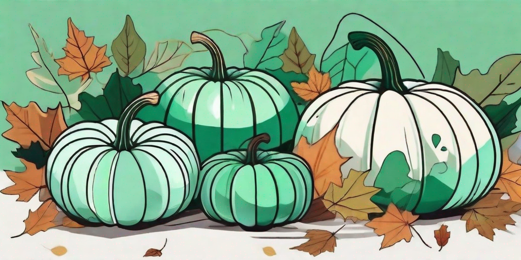 A variety of green pumpkins surrounded by autumn leaves