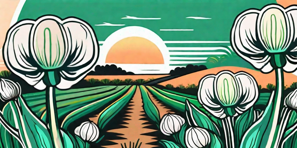 A vibrant garlic garden with various stages of garlic growth and a picturesque sunset in the background indicating the perfect time for harvest