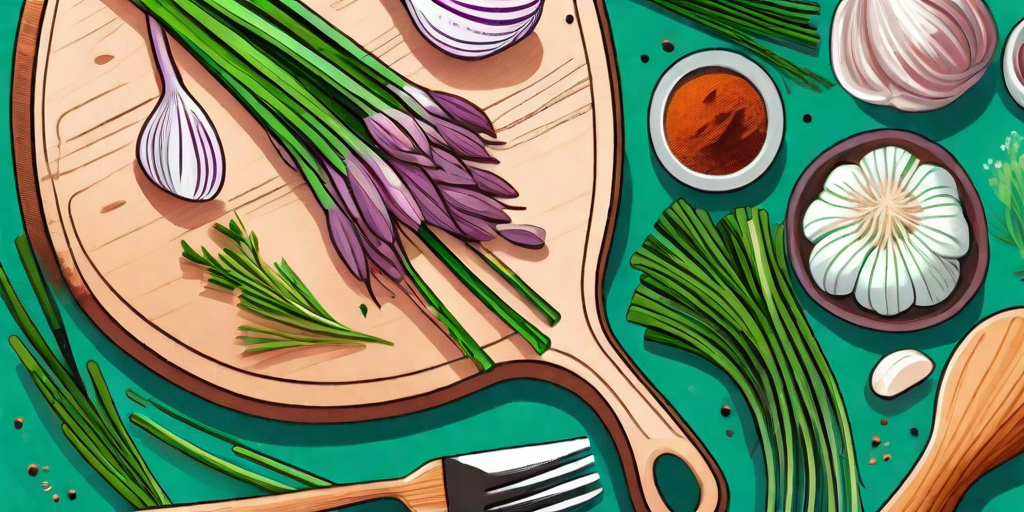 A vibrant kitchen scene with a bunch of garlic chives prominently displayed on a cutting board