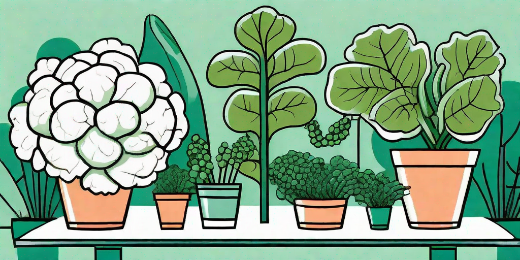 A vibrant garden scene featuring cauliflower plants thriving among its companion plants like beans