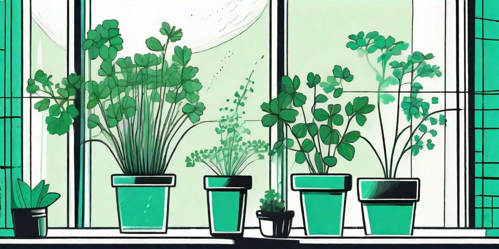 A vibrant indoor garden with potted cilantro plants thriving on a sunny windowsill