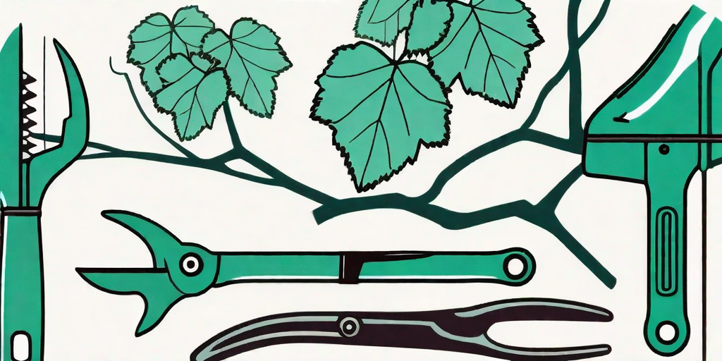 A beginner's set of pruning tools next to a grape vine