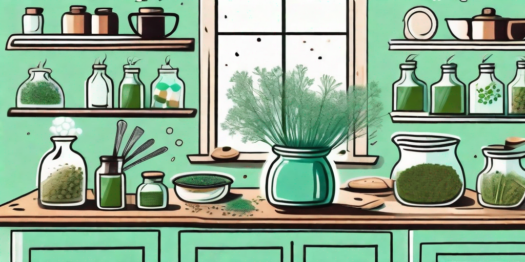 A whimsical kitchen scene with dill flowers in a rustic vase