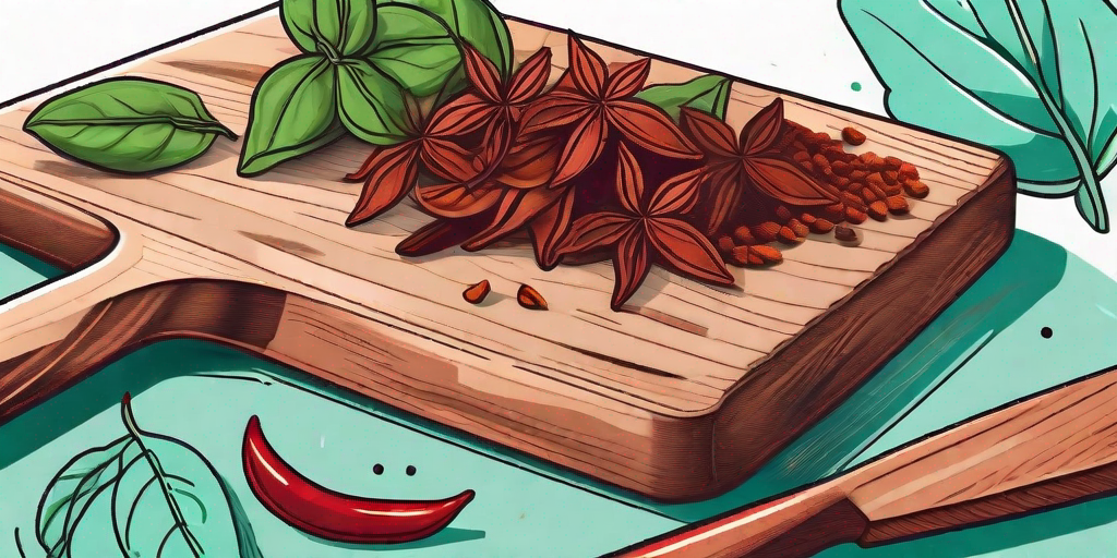 A vibrant kitchen scene featuring fresh red basil leaves scattered on a wooden cutting board