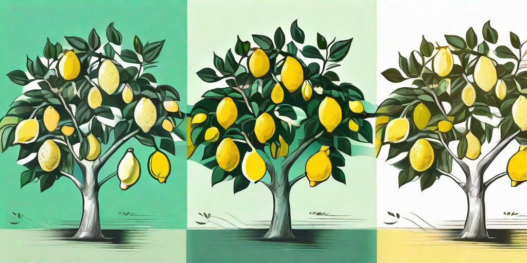 A lemon tree at different stages of fruit production