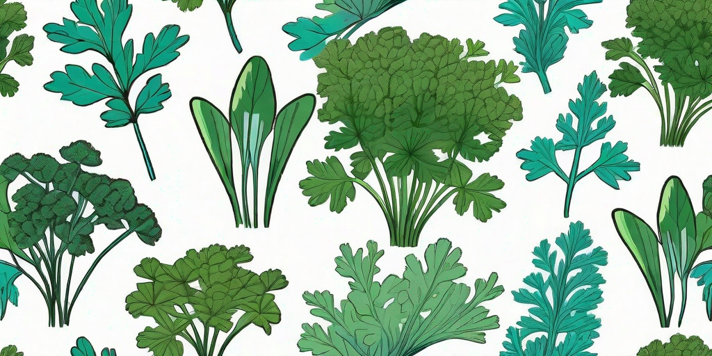 Several types of parsley plants in a lush garden