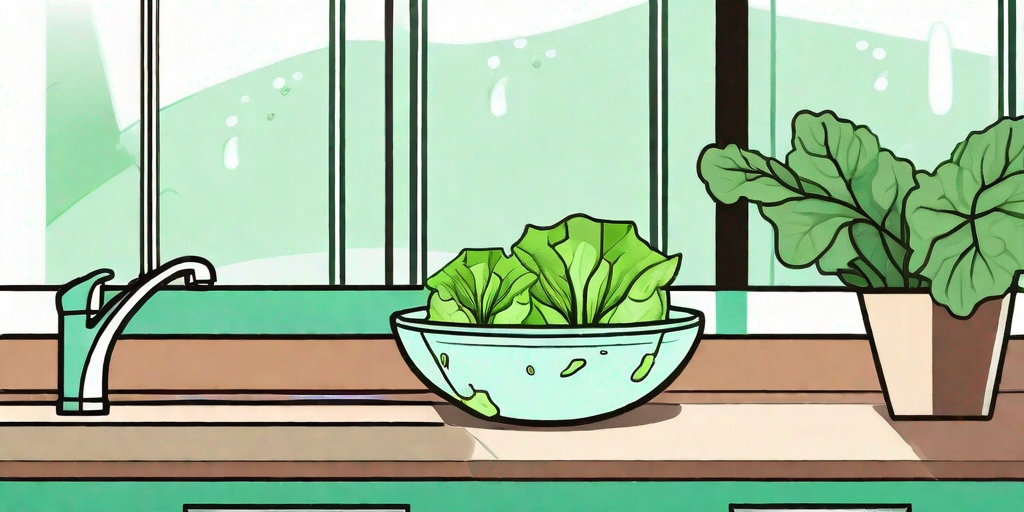 A kitchen countertop with discarded lettuce scraps placed in a bowl of water