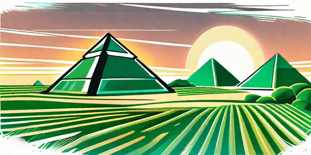 Ancient egyptian pyramids surrounded by lush fields of spinach