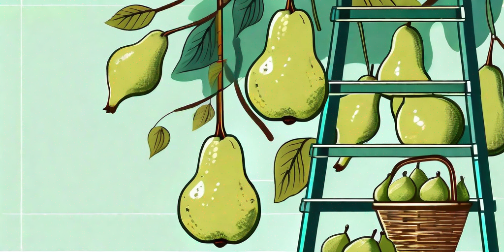 A variety of ripe pears hanging from a tree with a ladder leaning against it