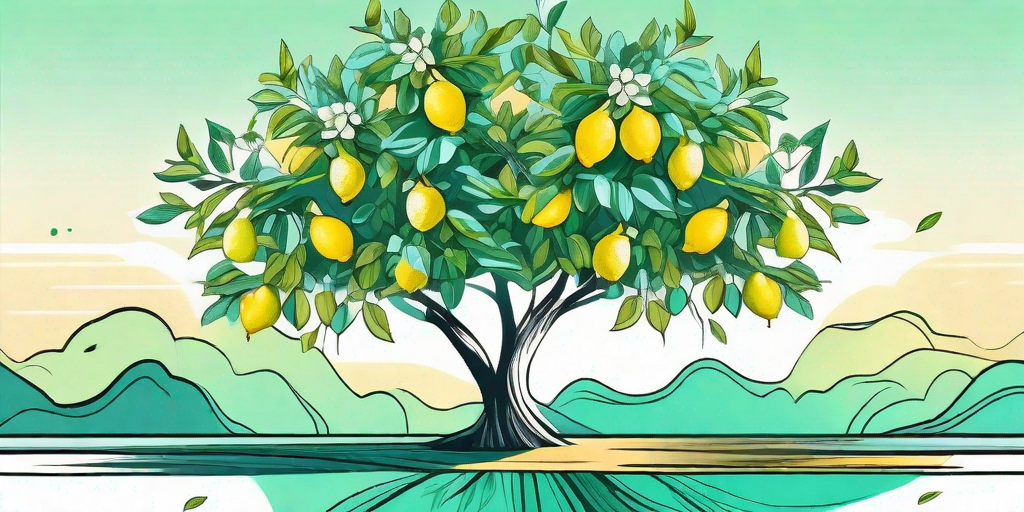 A vibrant lemon tree in full bloom with colorful flowers sprouting from its branches