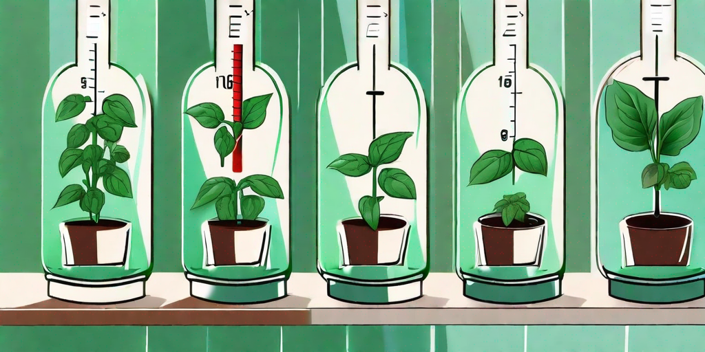 Several basil plants in different stages of health