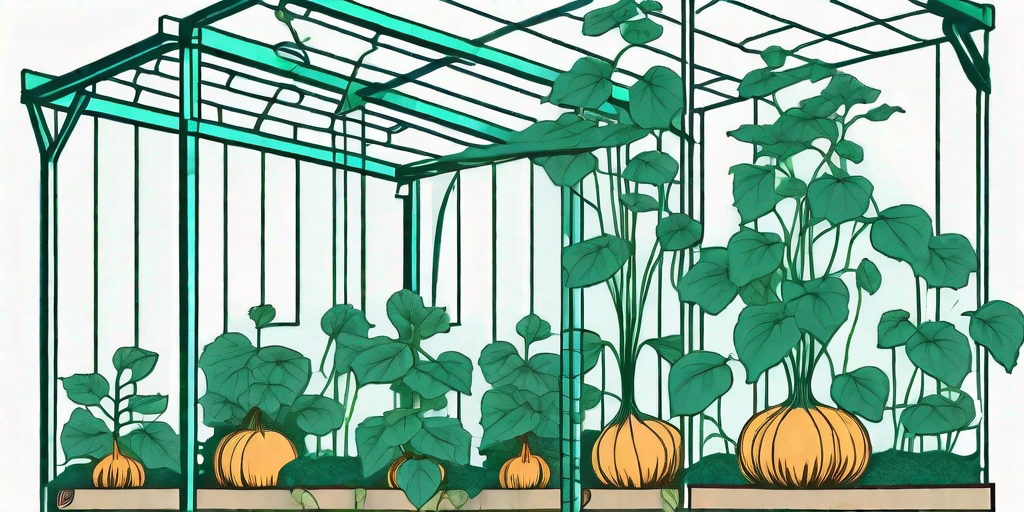Several different types of squash plants growing vertically on a garden trellis