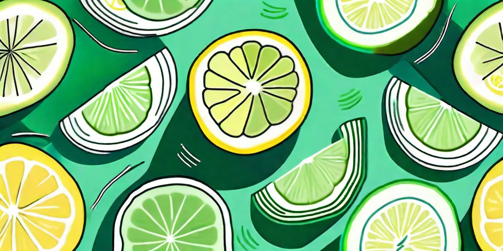 A sliced lemon and cucumber against a bright summer backdrop