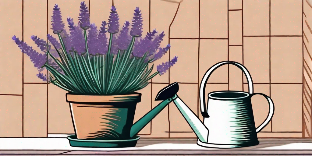 Lush spanish lavender plants thriving in a rustic terra cotta pot