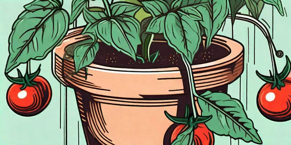 An upside-down tomato plant growing from a hanging pot