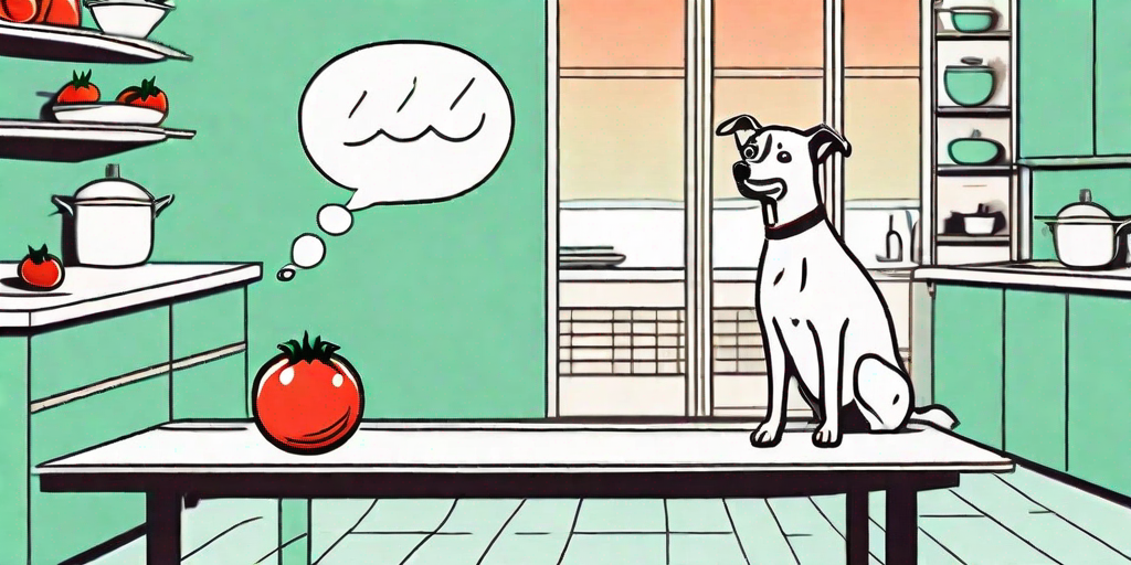 A curious dog sniffing a tomato on a kitchen counter