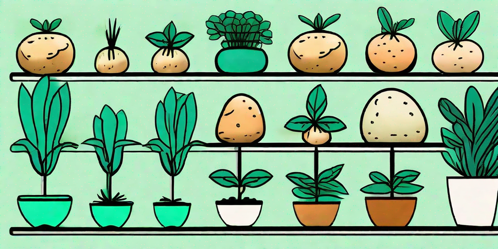 Various types of potato plants with distinct features and colors