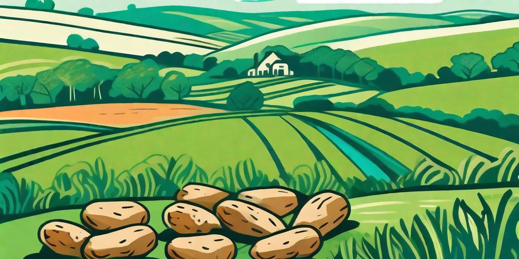 A scenic irish countryside with a variety of potatoes scattered across lush green fields