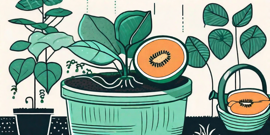 A cantaloupe growing lushly in a container